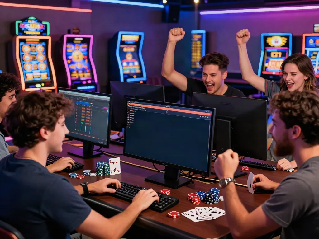 Scène de jeu en ligne avec des amis jouant à Casino En Ligne entourés de lumières colorées et d'écrans de jeux.