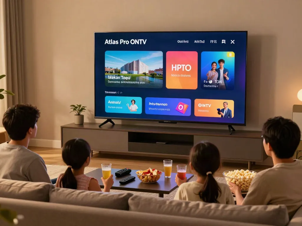 Installation conviviale de l'application Atlas Pro ONTV dans un salon moderne, moment de plaisir familial.