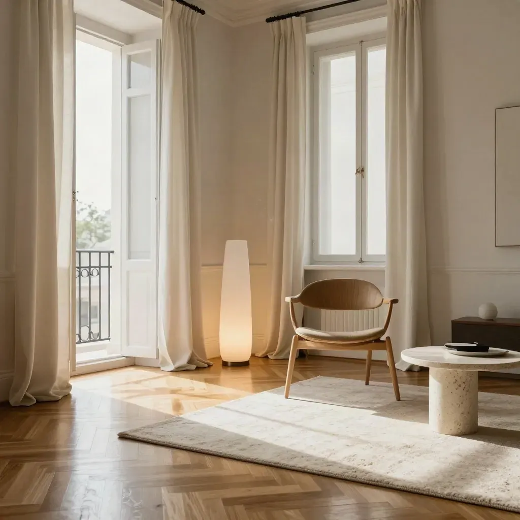Séjour d’appartement lumineux avec parquet brillant, rideaux ivoire et chaise en bois courbe.