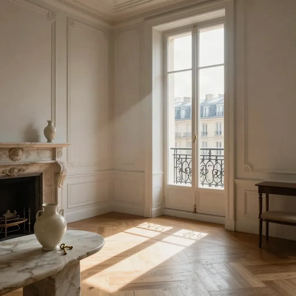 Salon haussmannien lumineux avec cheminée, parquet, balcon ouvert et vase crème.