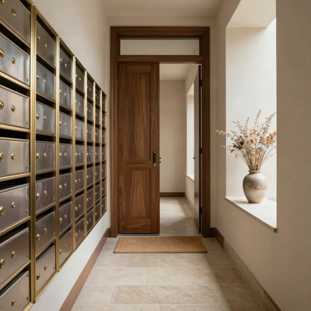 Hall d’immeuble impeccable avec boîtes aux lettres, porte coupe-feu et bouquet sec.