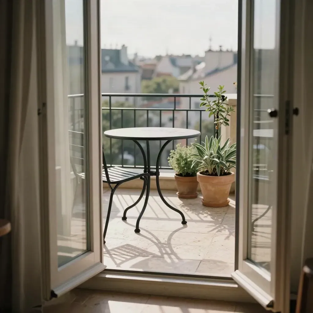 Vue rapprochée d’un appartement avec petite terrasse, table bistrot noire et ombres de barreaux.