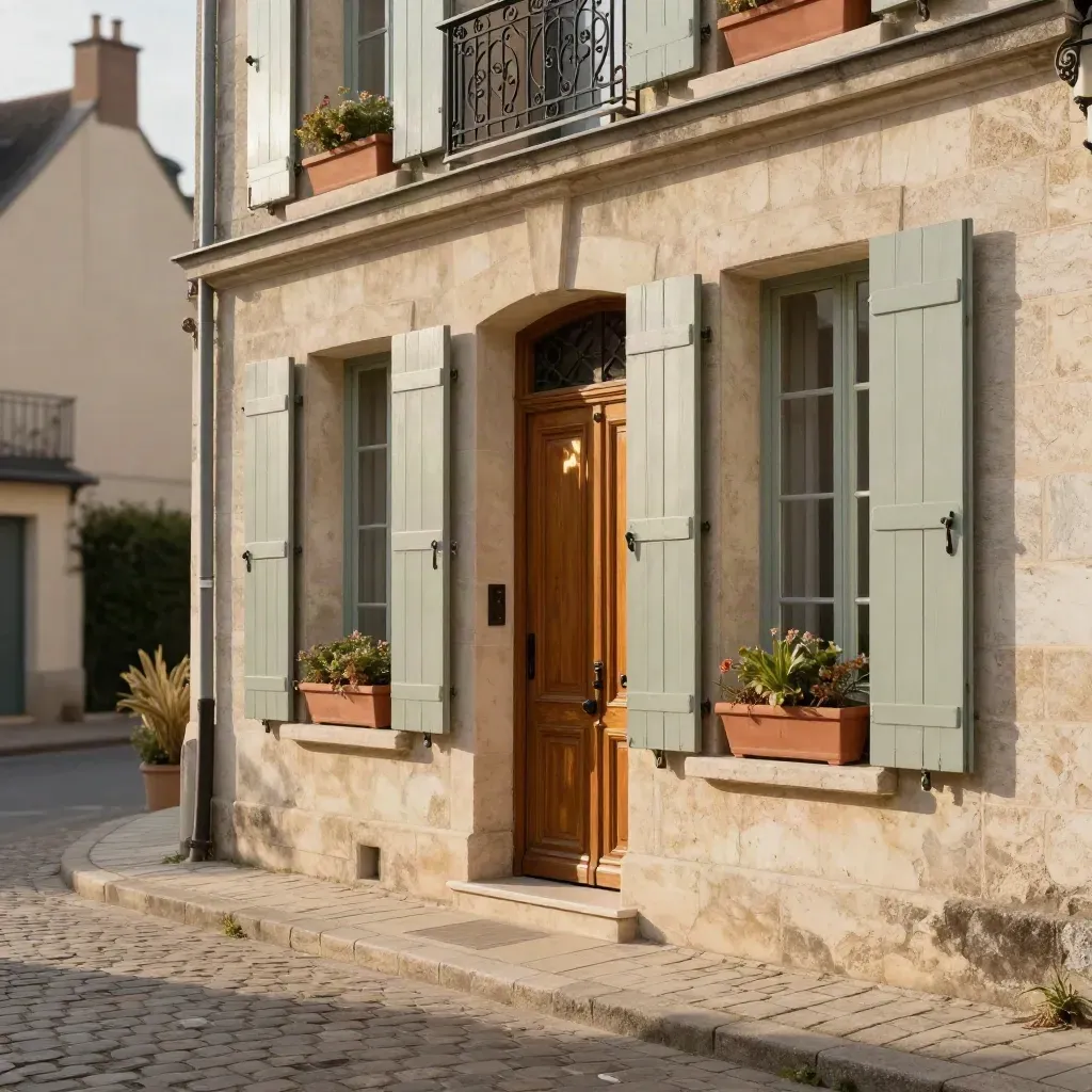 Façade de maison en pierre claire avec volets sages et jardinières sous le soleil.