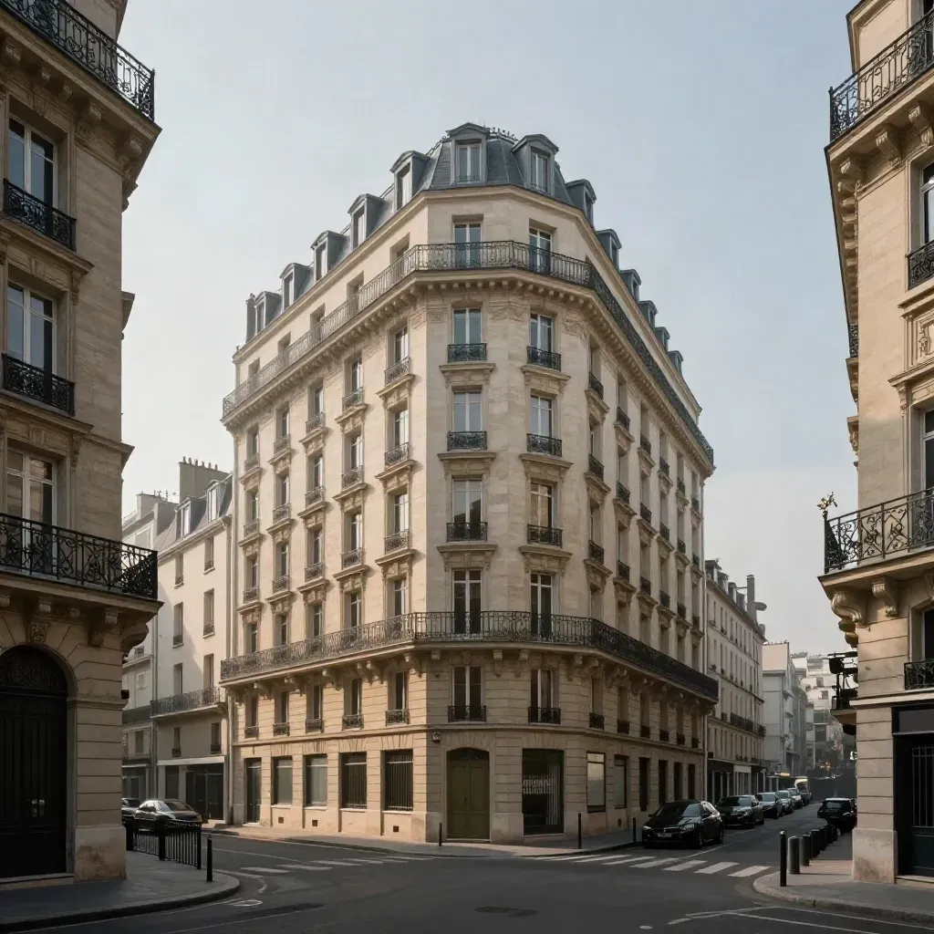 Immeuble de centre-ville en pierre, balcons continus et lumière rasante dramatique.