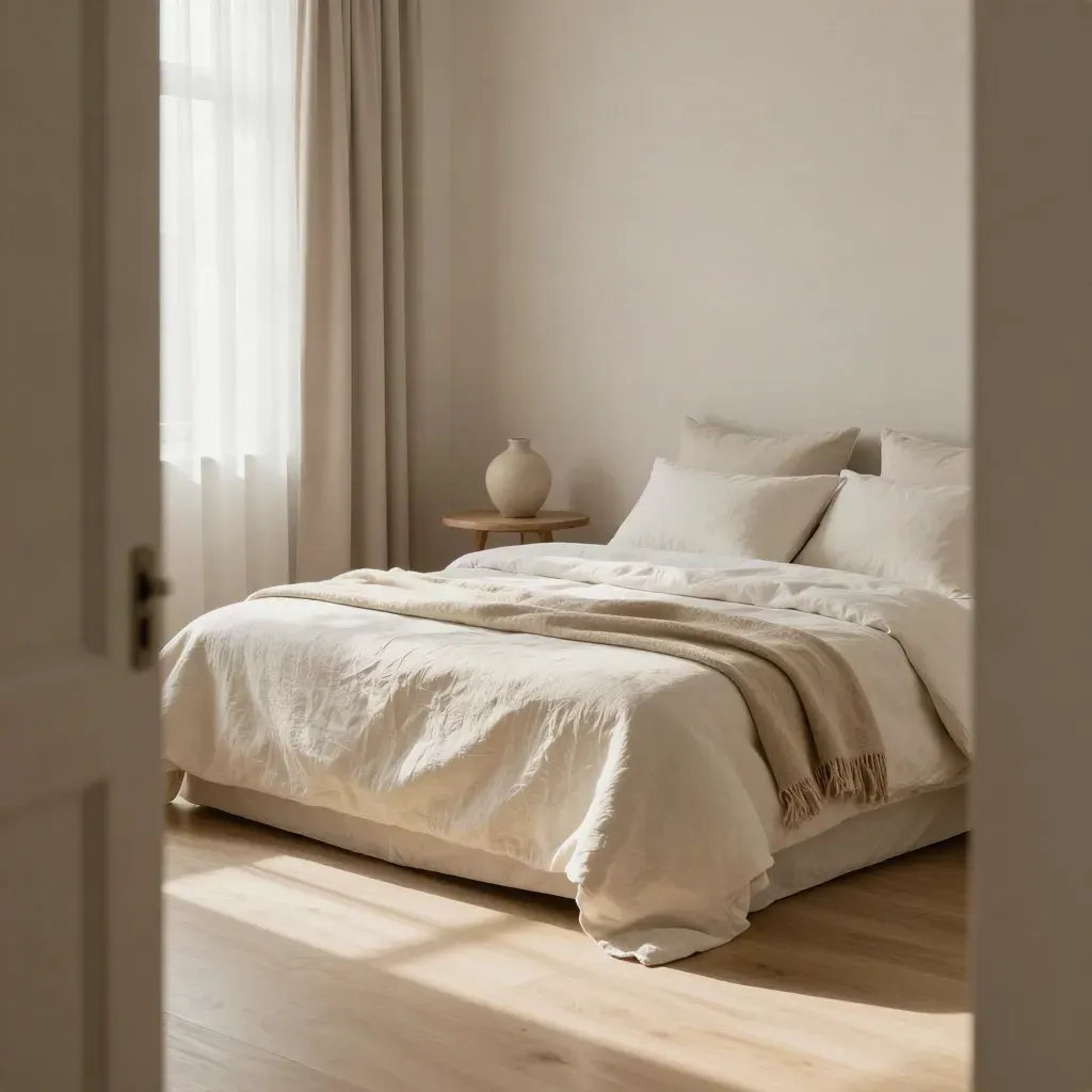 Studio locatif lumineux, lit fait, rideaux clairs, table ronde et sol impeccable.
