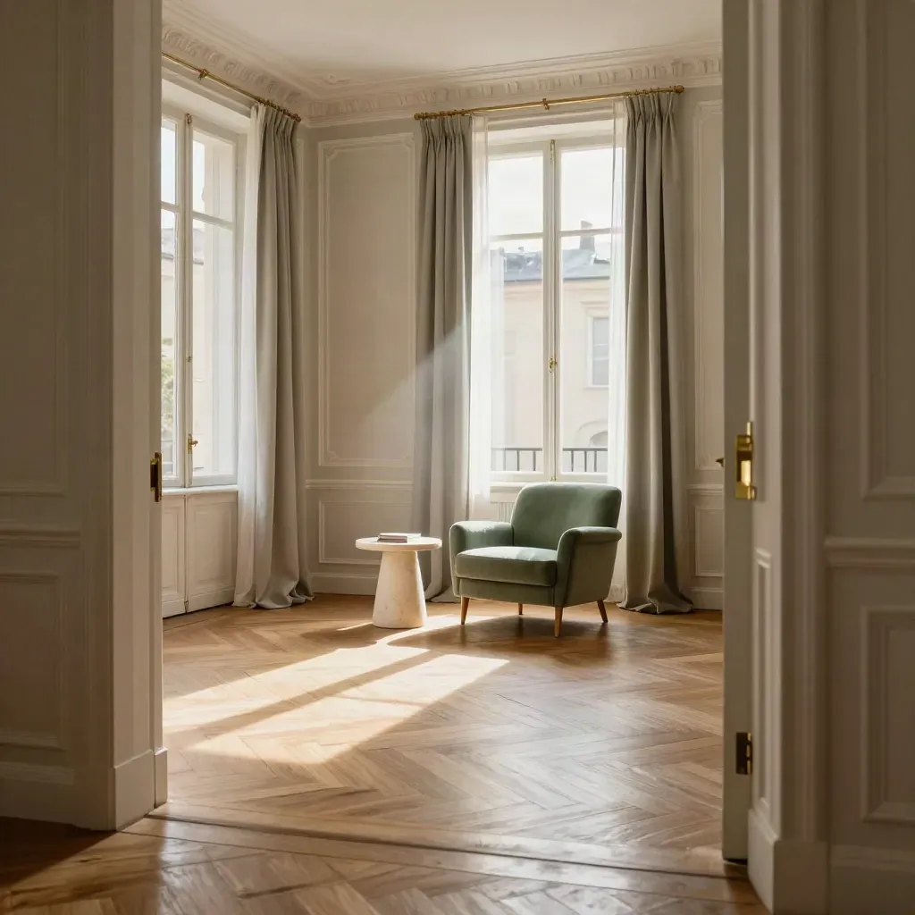 Appartement lyonnais lumineux avec parquet restauré et moulures, ambiance calme et premium.