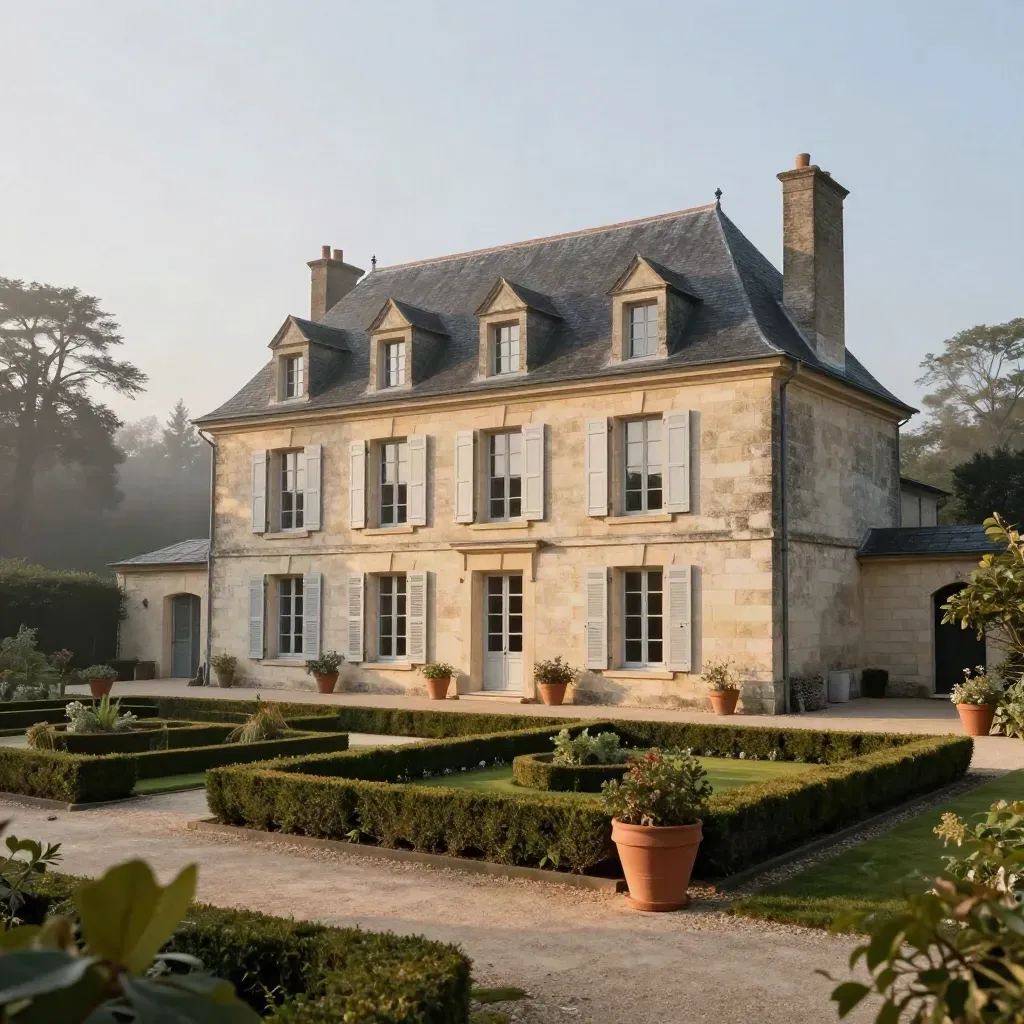 Maison en pierre claire à Nantes avec jardin taillé, lumière du soir douce