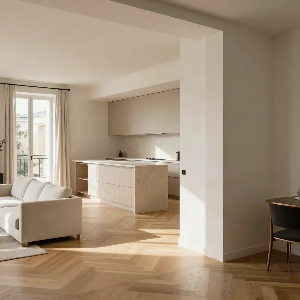 Salon bordelais lumineux avec cuisine ouverte et balcon sur cour calme.