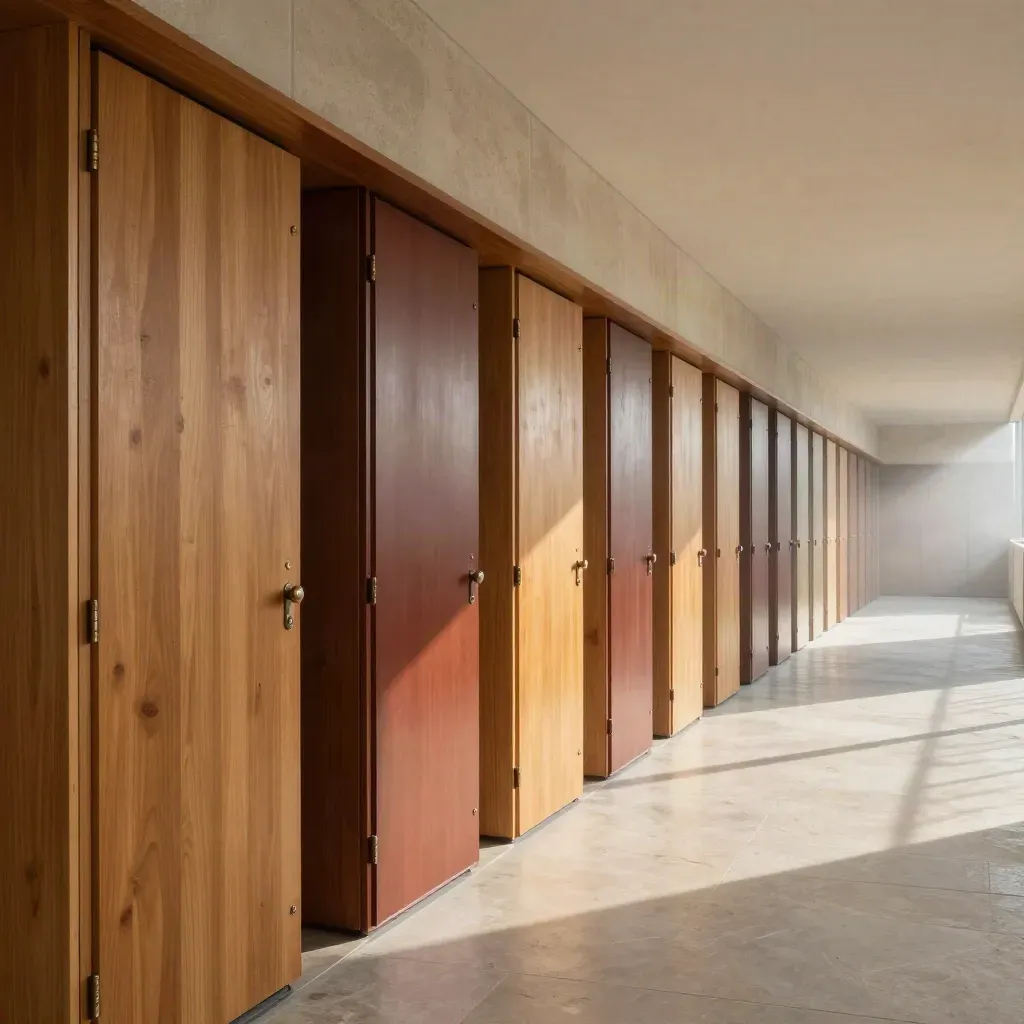 Couloir toulousain impeccable, portes alignées et lumière chaude, ambiance premium de gestion locative.