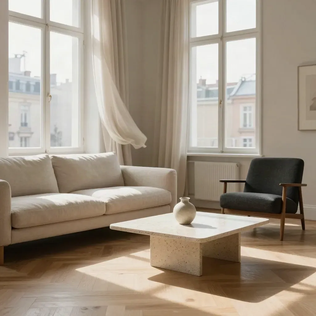 Appartement lillois lumineux et meublé, rideaux clairs en mouvement et ambiance sereine.