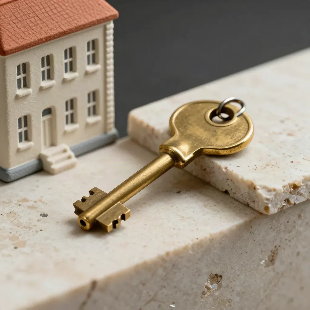 Macro d’une clé en laiton, d’une miniature de façade et d’un échantillon de pierre calcaire sur travertin.
