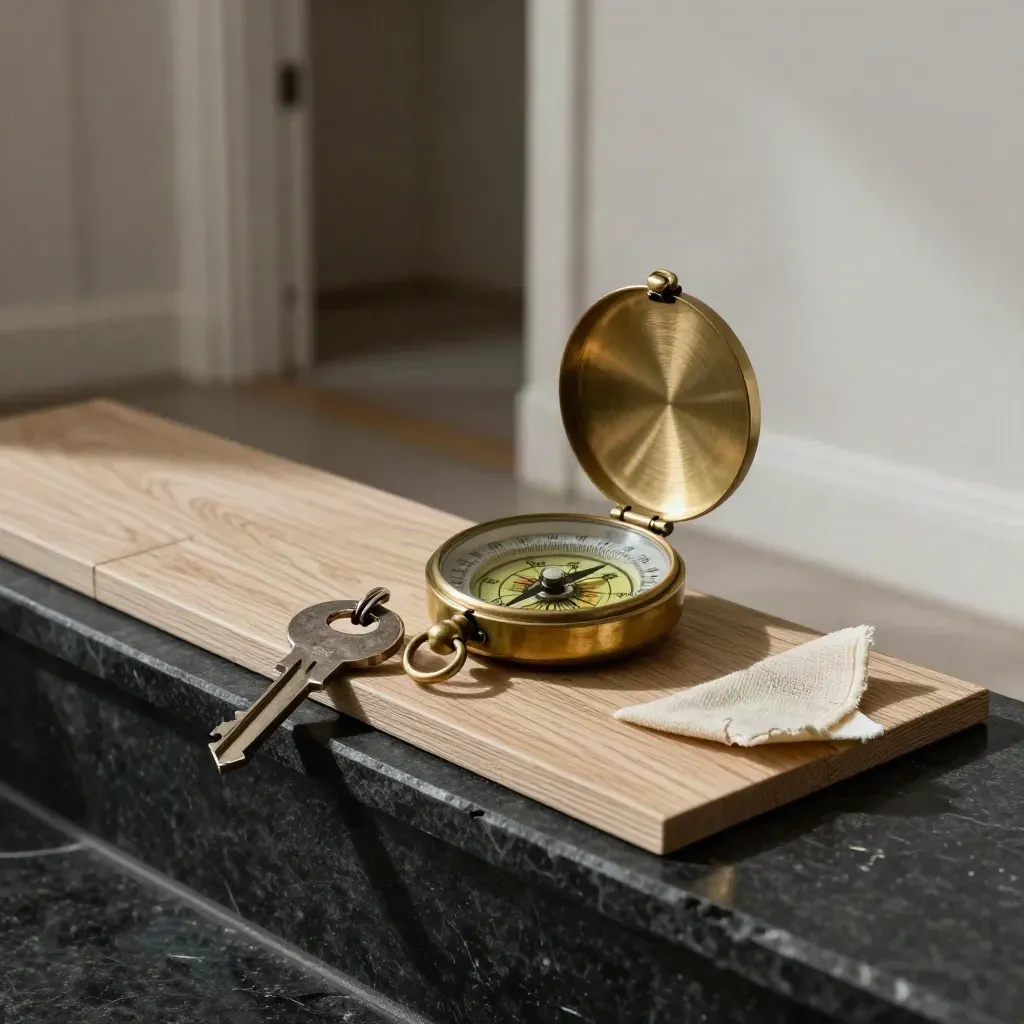 Compas de poche, clé d’entrée et lame de parquet sur pierre noire, lumière dramatique.