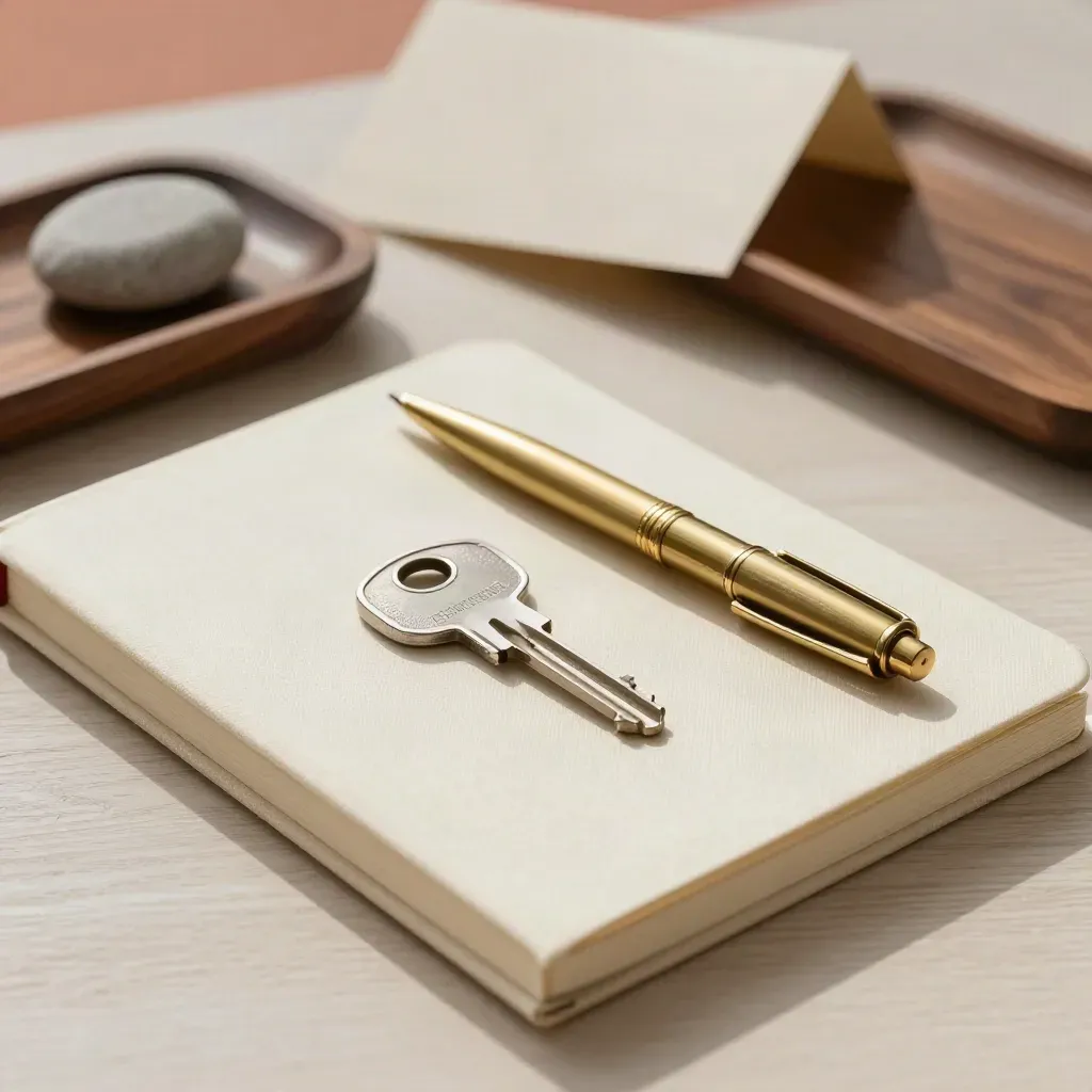 Carnet crème, stylo en laiton, clé d’entrée et pierre calcaire sur un plateau en bois sombre.