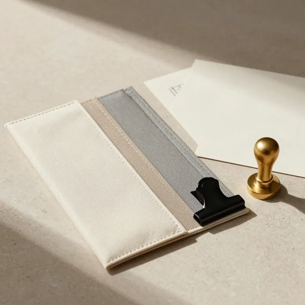 Pochette crème, intercalaires neutres, clip noir et sceau de cire sur pierre claire.