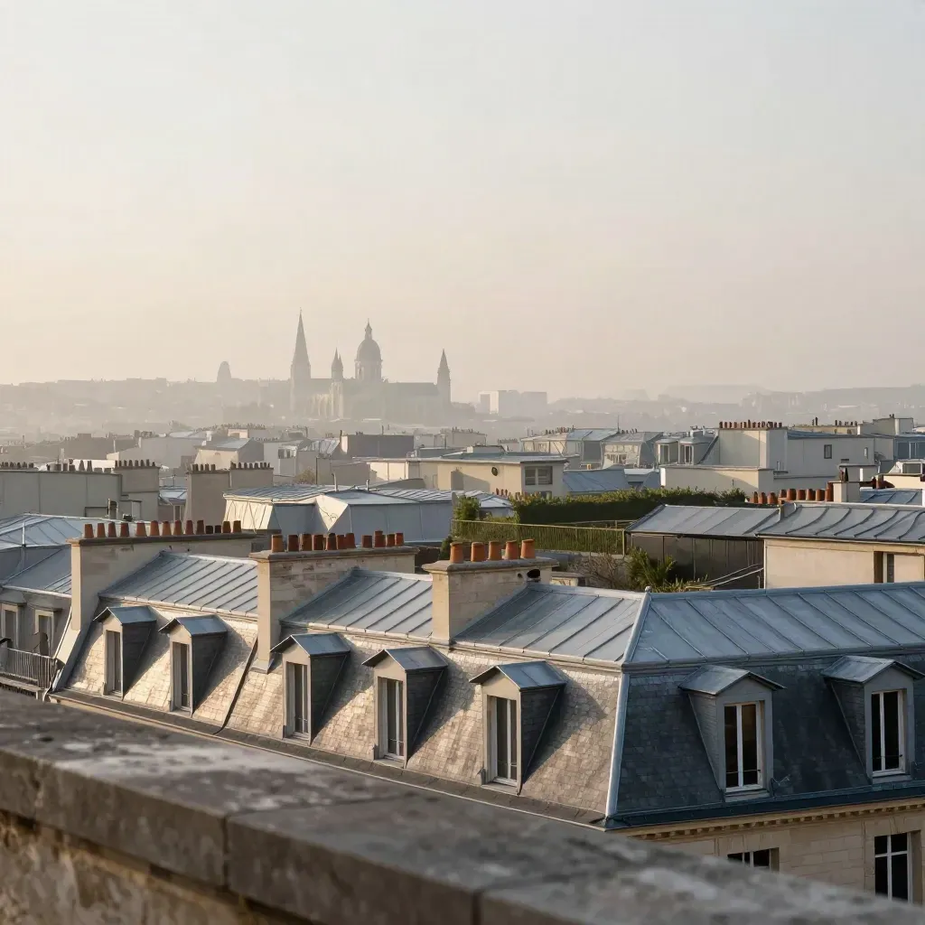 Toits en zinc de Paris à l’aube, brume douce et dômes lointains au-dessus de l’Île-de-France