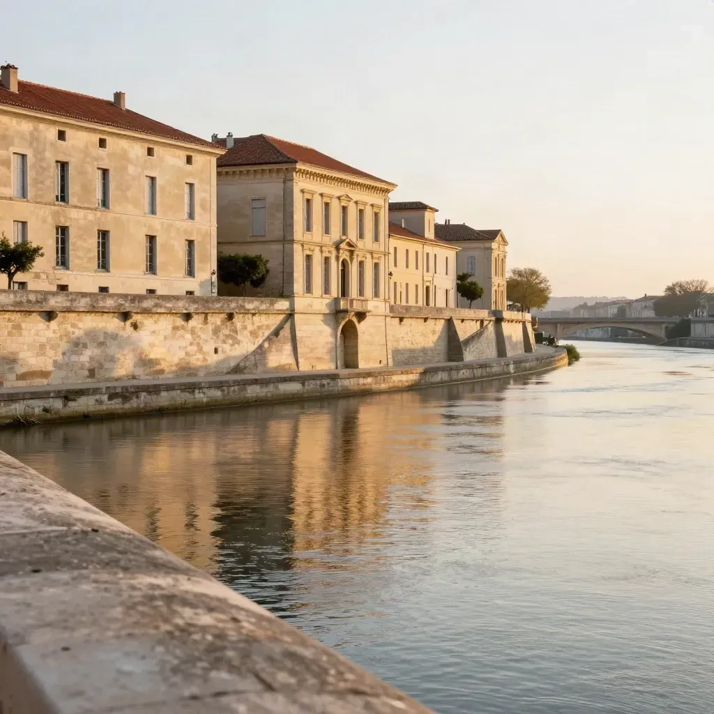 Quais de pierre et façades blondes au bord de l’eau sous une lumière dorée.