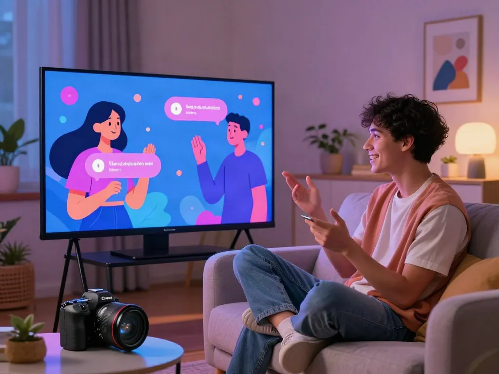 AI chat porn experience with user engaged in playful conversation, showcasing interaction on sleek tablet with animated character illustrations.